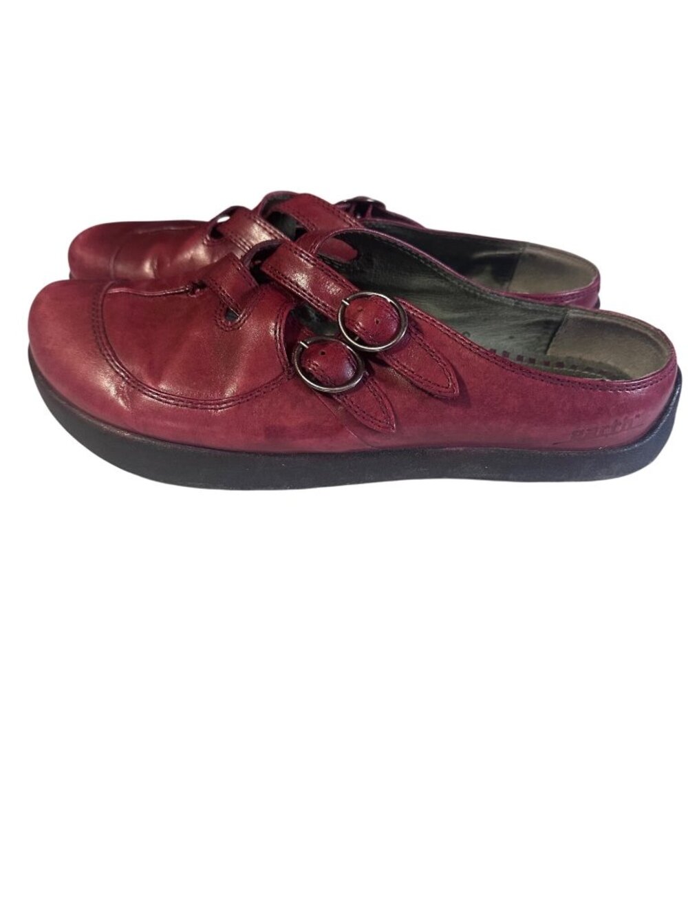 Earth burgundy leather mules with buckles size 7B